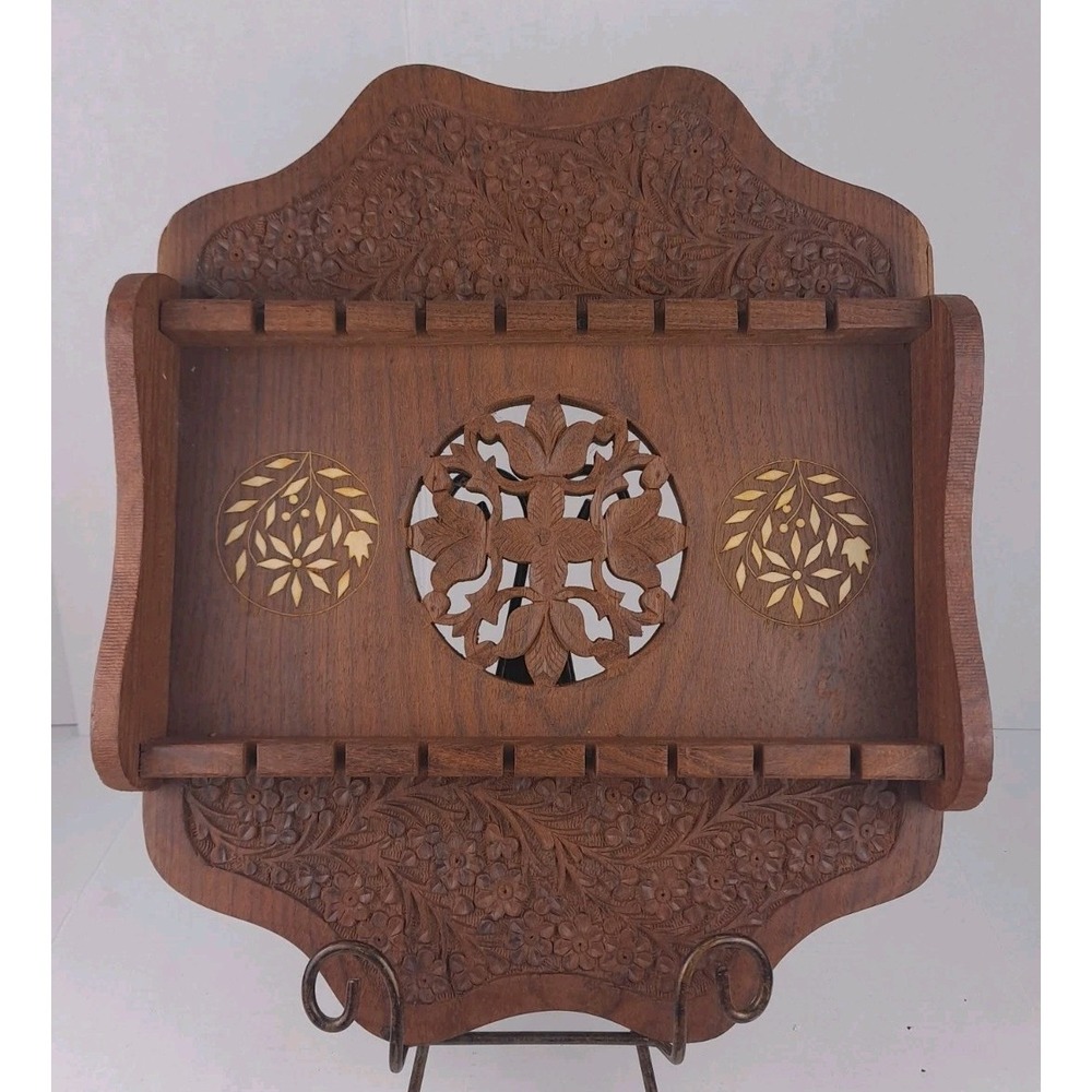Wooden Spoon Rack Shelf Vintage Made In India 14x12x3" 16 Spoon Slots